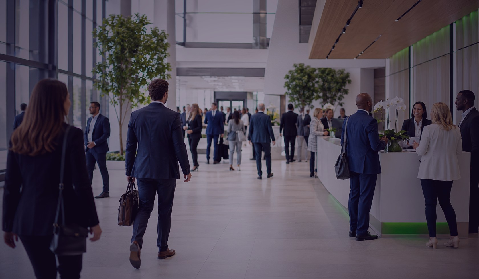 Modern convention venue lobby with business attendees